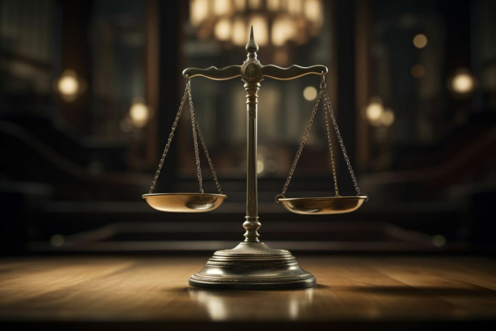 An old fashioned scale sitting on a wooden desk. Both sides are equal in balance.