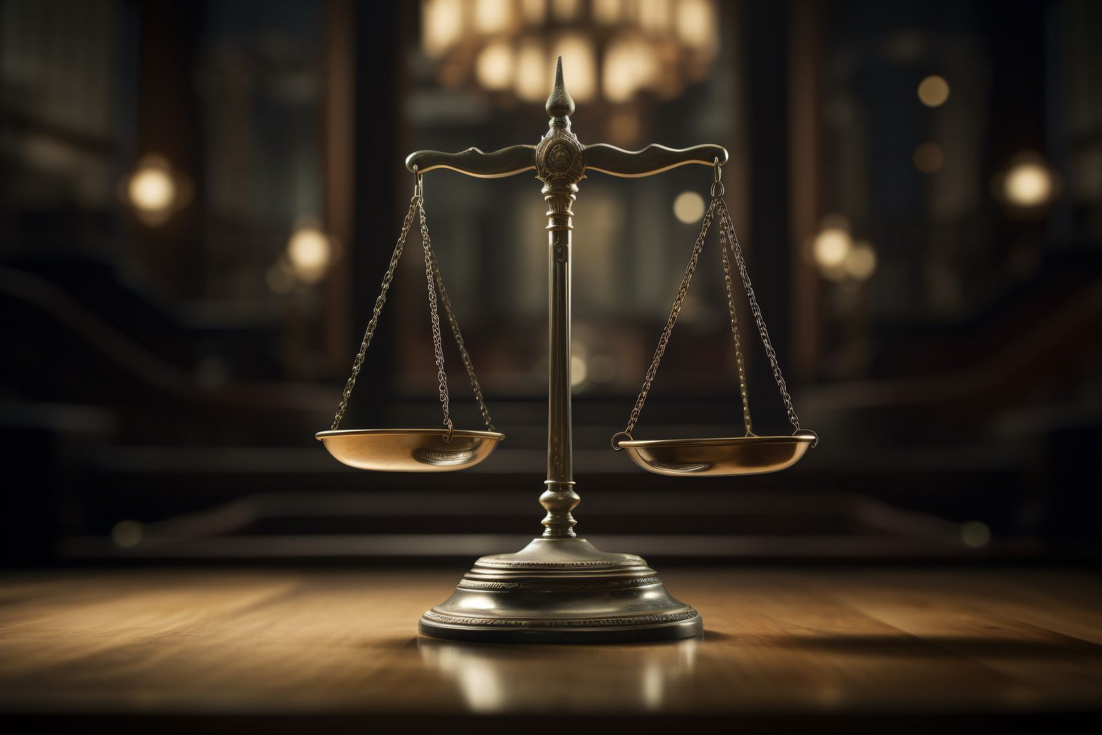 An old fashioned scale sitting on a wooden desk. Both sides are equal in balance.