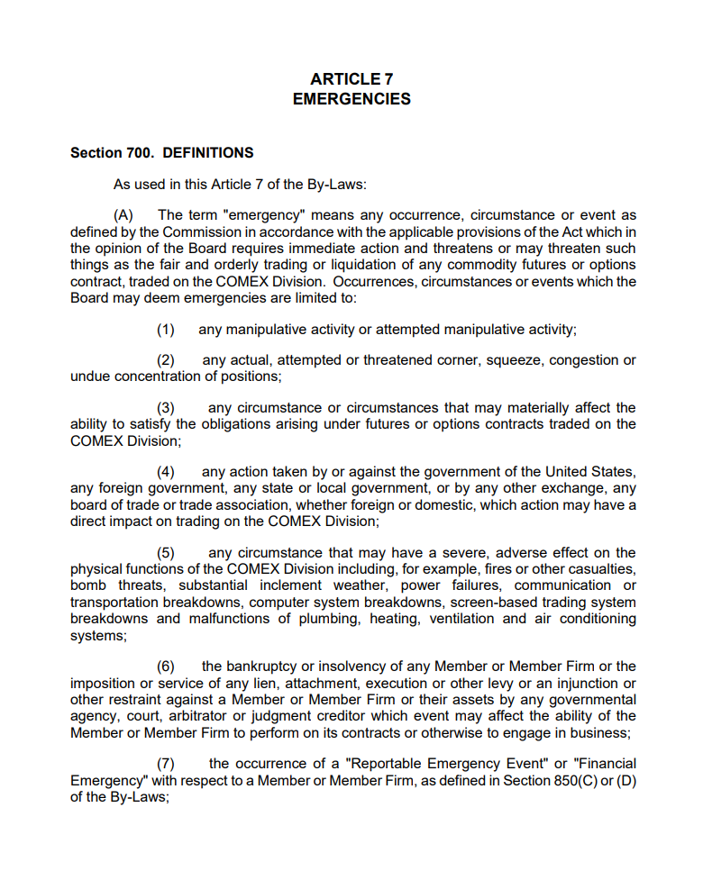 Segment from Comex regulation documents